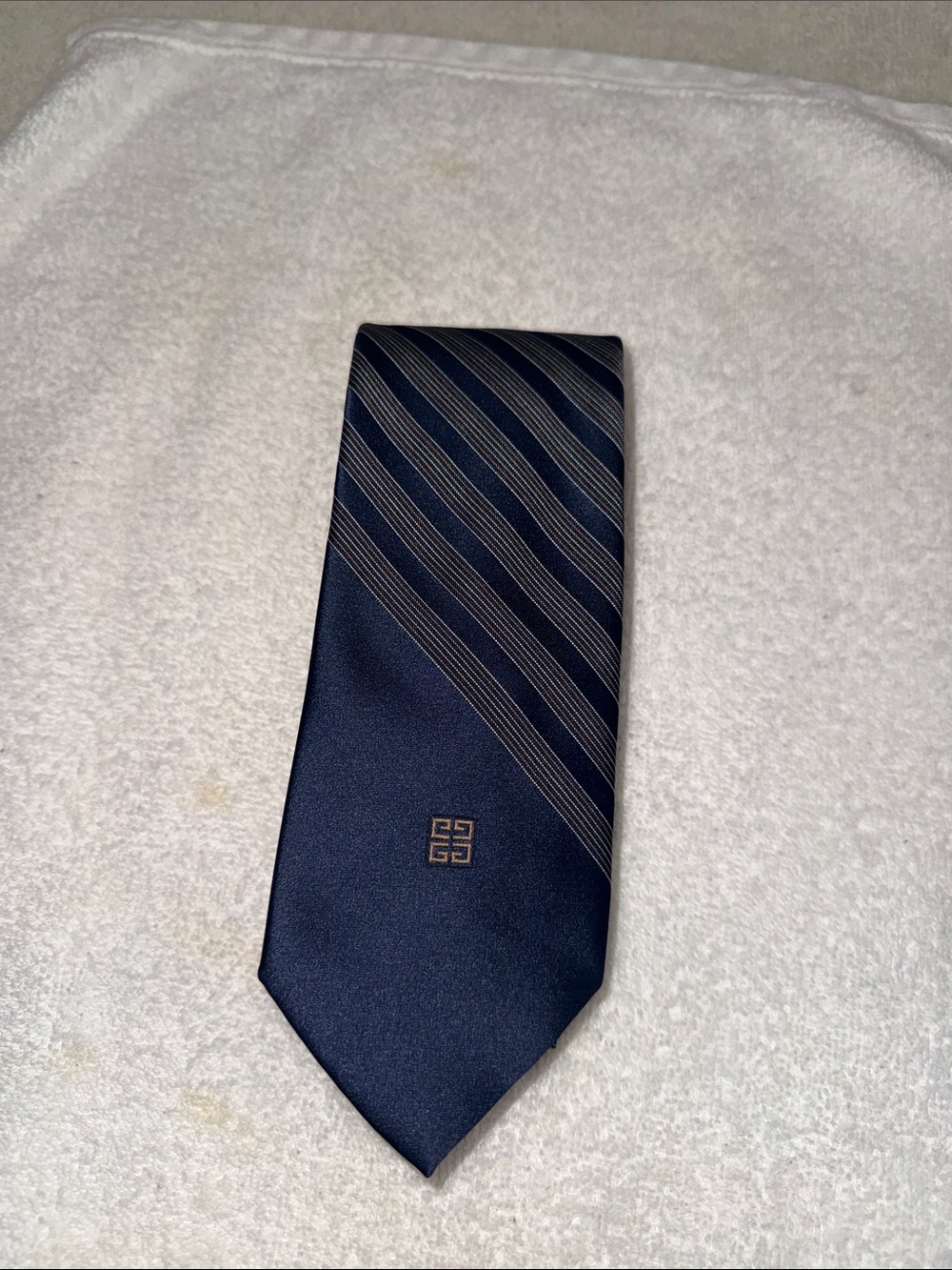 Vintage Givenchy Navy and Silver Diagonal Stripe Silk Tie for the lover’s